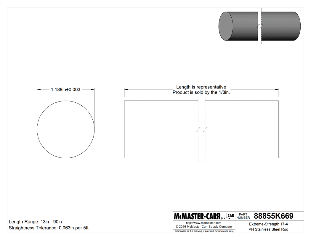 Technical Drawing of Extreme-Strength 17-4 PH Stainless Steel Rod, 1-3/16" Diameter.